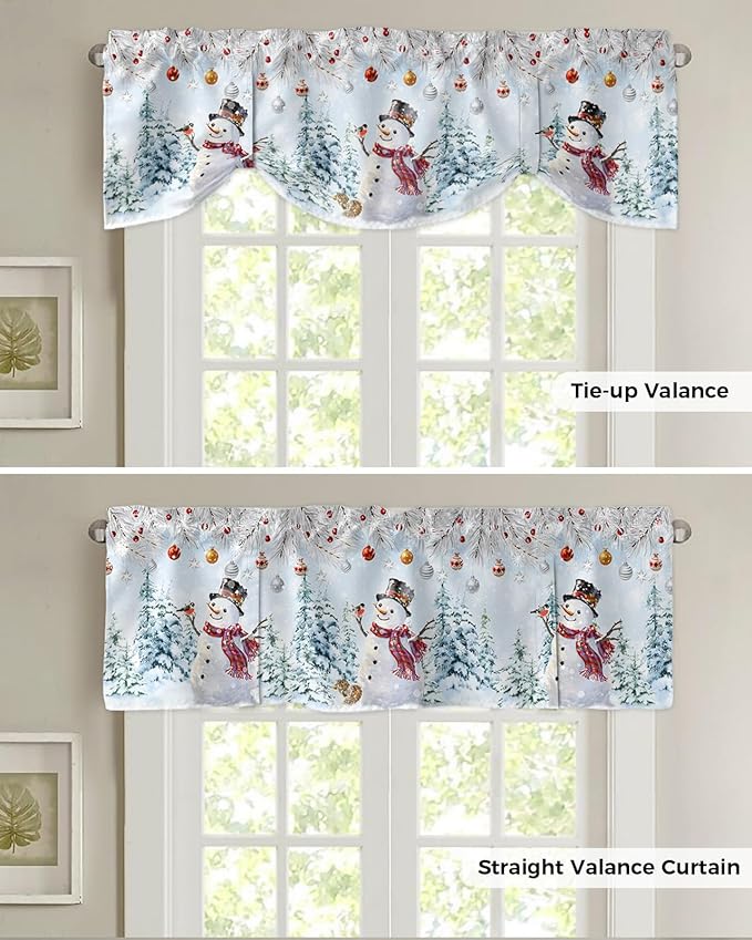 Snowman Blackout Tie Up Valance Curtains for Kitchen Windows Blue Merry Christmas Tree Red Balls Squirrel Window Toppers Balloon Shades for Living Room/Bathroom/Bedroom,1 Panel, 42" X 18", Winter