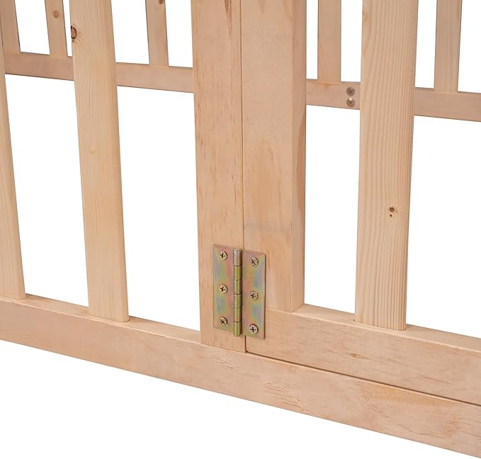 Twin Size Floor Bed with Fence, Solid Wood Floor BedFrame for Kids with Door, Twin Platform Bed for Boys and Girls Kids Teens, Fun Design, for Children Bedroom