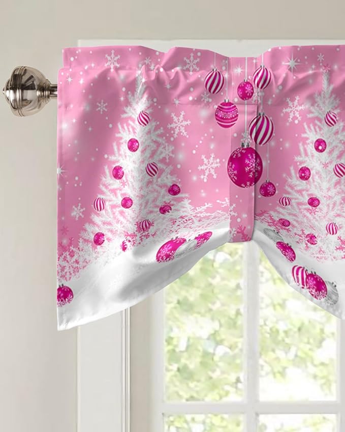Pink Christmas Blackout Tie Up Valance Curtains for Kitchen Windows White Xmas Tree Snowflakes Pink Balls Window Toppers Balloon Shades for Living Room/Bathroom/Bedroom,1 Panel, 42" X 12", Winter
