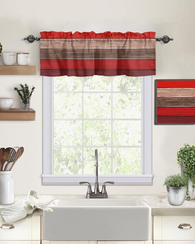 Farmhouse Kitchen Curtains Valances for Windows , Christmas Red Brown Rod Pocket Country Window Treatment for Kitchen /Living Room/Bedroom/ Bathroom,42" X 18" -1 Panel, Retro Rustic Barn Wood Texture