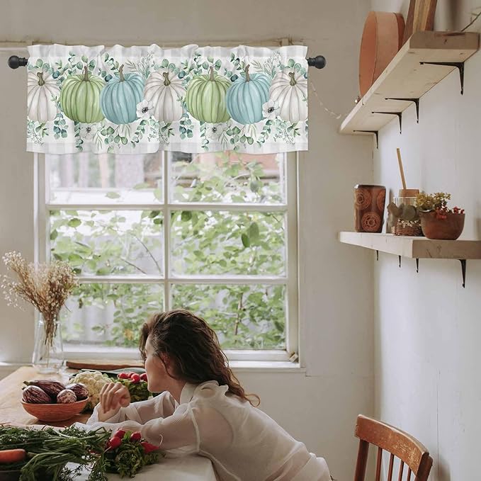 Fall Thanksgiving Kitchen Curtains Valances for Windows Autumn Pumpkins Eucalyptus Leaves Rod Pocket Window Treatment for Kitchen /Living Room/Bedroom/ Bathroom, 60" X 18", White Blue Green Gray Plaid