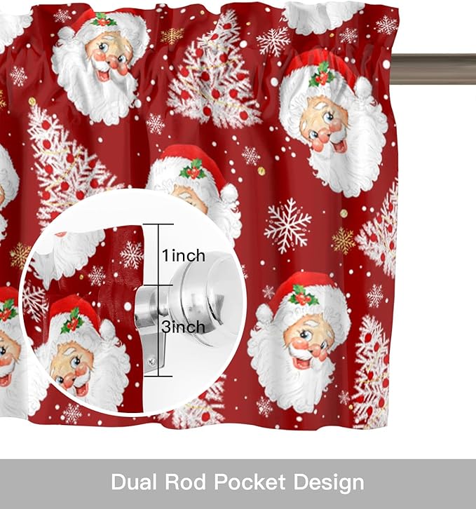 Red Christmas Valance Curtains for Kitchen Windows Santa Claus Merry Christmas Tree Rod Pocket Window Treatment Toppers for Kitchen/Living Room/Bedroom/Bathroom, 42" X 12", Winter Snowflake