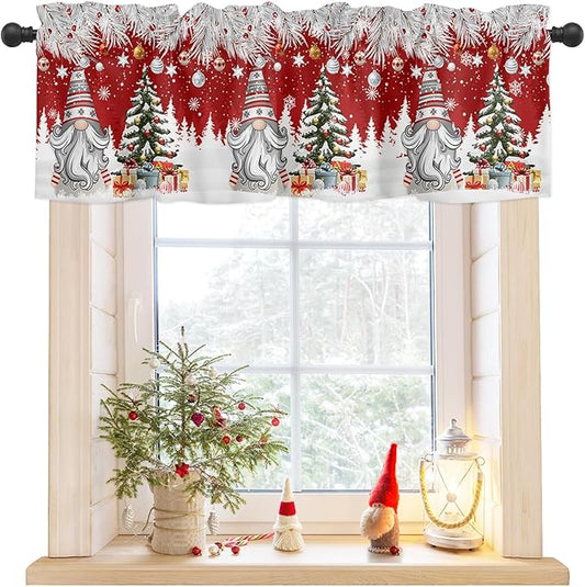 Christmas Gnome Valance Curtains for Kitchen Windows Winter Merry Christmas Tree Balls Rod Pocket Window Treatment Toppers for Kitchen/Living Room/Bedroom/Bathroom, 42" X 12", Red