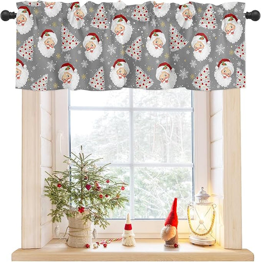 Grey Christmas Valance Curtains for Kitchen Windows Santa Claus Merry Christmas Tree Rod Pocket Window Treatment Toppers for Kitchen/Living Room/Bedroom/Bathroom, 42" X 12", Winter Snowflake