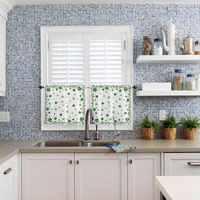 St. Patrick's Day Kitchen Curtains and Valances Set, Green Shamrock Irish Clover Window Tiers Seasonal Spring Holiday Half/Short Curtains for Small Windows Cafe /Living Room/ Bedroom 54x24 in