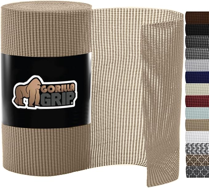 Gorilla Grip powerGRIP Drawer Shelf and Cabinet Liner, Thick Strong Hold, Non-Adhesive Liners Protect Kitchen Cabinets and Cupboard, Bathroom Drawers, Easy Install, Breathable Mat, 17.5" x10', Beige