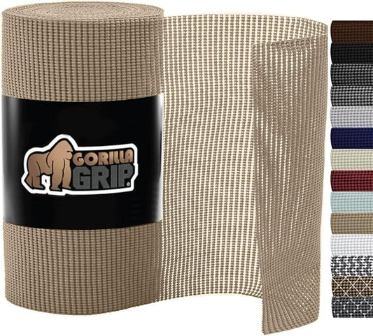Gorilla Grip powerGRIP Drawer Shelf and Cabinet Liner, Thick Strong Hold, Non-Adhesive Liners Protect Kitchen Cabinets and Cupboard, Bathroom Drawers, Easy Install, Breathable Mat, 17.5" x10', Beige