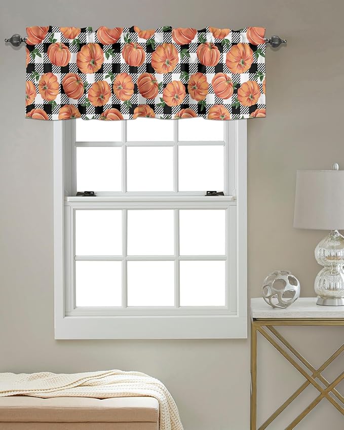 Fall Kitchen Curtains Valances for Windows Thanksgiving Halloween Pumpkins Rod Pocket Window Treatment for Kitchen /Living Room/Bedroom/ Bathroom,54" X 18" , Farmhouse Black White Buffalo Plaid