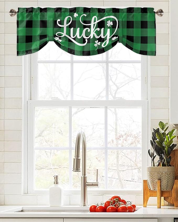 St. Patrick's Day Buffalo Plaid Blackout Tie Up Valance Curtains for Kitchen Windows Lucky Shamrocks Clover Window Toppers Balloon Shades for Living Room/Bathroom/Bedroom,1 Panel, 42" X 18",Green