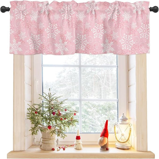 Christmas Valance Curtains for Kitchen Windows Pink White Snowflakes Pattern Rod Pocket Window Treatment Toppers for Kitchen/Living Room/Bedroom/Bathroom, 42" X 12", Winter