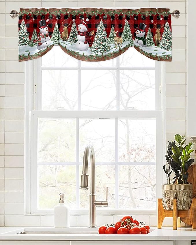 Christmas Snowman Blackout Tie Up Valance Curtains for Kitchen Windows Christmas Tree Window Toppers Balloon Shades for Living Room/Bathroom/Bedroom,1 Panel,60" X 18" Red Xmas Snowy Winter