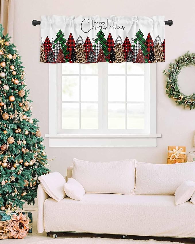 Merry Christmas Valance Curtains for Kitchen Windows Buffalo Plaid Xmas Tree Winter Forest Farmhouse Rod Pocket Window Treatment Toppers for Kitchen/Living Room/Bedroom/Bathroom, 42" X 18",Red Green