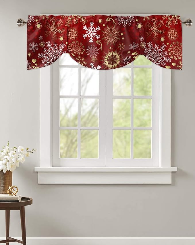 Christmas Blackout Tie Up Valance Curtains for Kitchen Windows Snowflake Pattern Window Toppers Balloon Shades for Living Room/Bathroom/Bedroom,1 Panel,60" X 18" Gold White