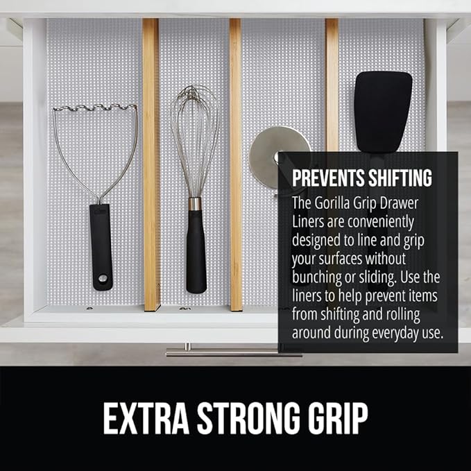 Gorilla Grip powerGRIP Drawer Shelf and Cabinet Liner, Thick Strong Hold, Non-Adhesive Liners Protect Kitchen Cabinets and Cupboard, Bathroom Drawers, Easy Install, Breathable Mat, 12" x30' Light Gray