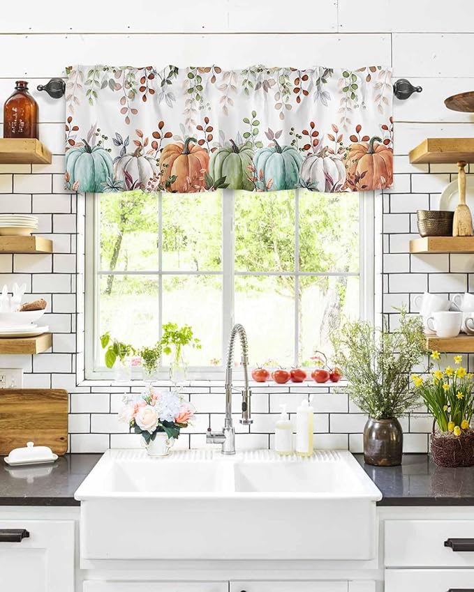 Fall Thanksgiving Kitchen Curtains Valances for Windows Autumn Pumpkins Eucalyptus Leaves Rod Pocket Window Treatment for Kitchen /Living Room/Bedroom/ Bathroom, 42" X 18", Blue Sage Green Orange