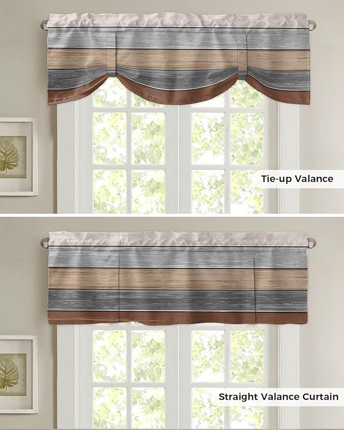 Farmhouse Fall Blackout Tie Up Valance Curtains for Kitchen Windows, Brown Grey Window Toppers Balloon Shades for Living Room/Bathroom/Bedroom,1 Panel,42" X 18" Retro Rustic Barn Wood Texture