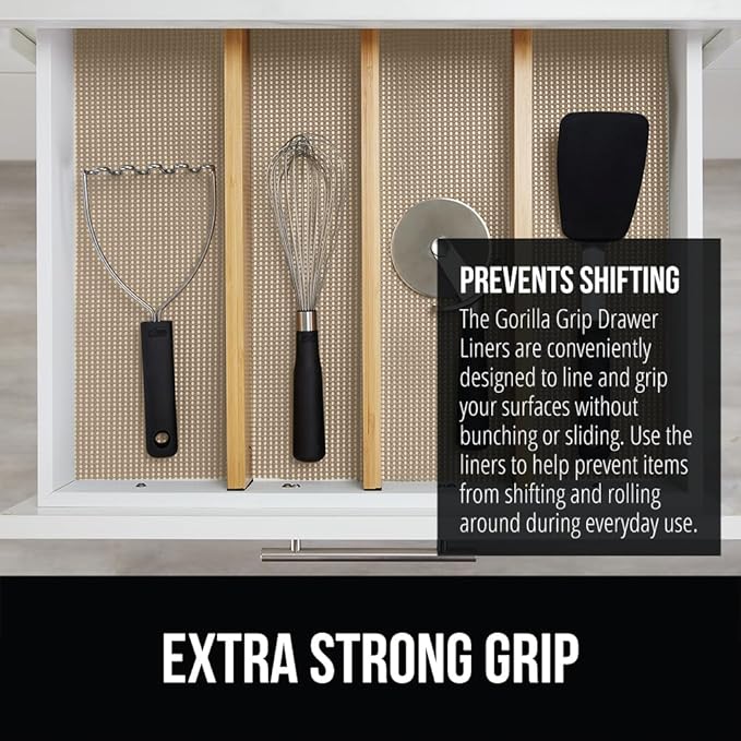 Gorilla Grip powerGRIP Drawer Shelf and Cabinet Liner, Thick Strong Hold, Non-Adhesive Liners Protect Kitchen Cabinets and Cupboard, Bathroom Drawers, Easy Install, Breathable Mat, 17.5" x10', Beige