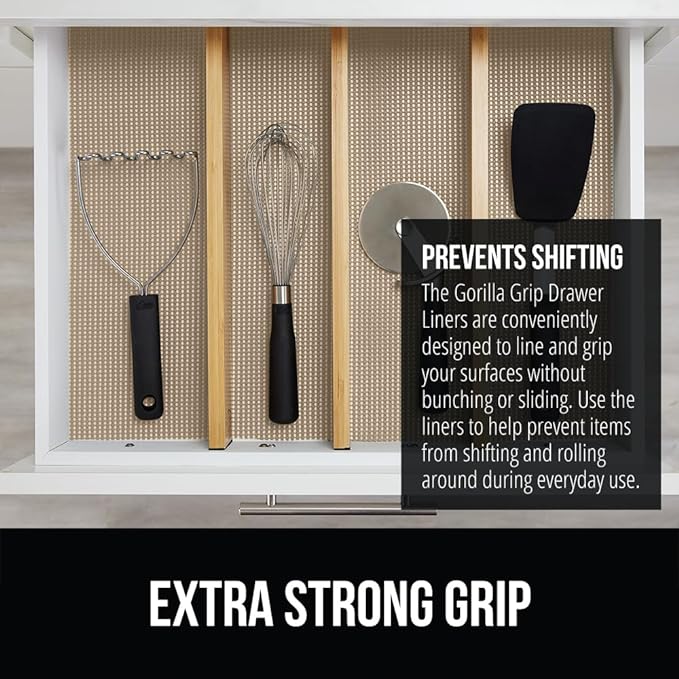 Gorilla Grip powerGRIP Drawer Shelf and Cabinet Liner, Thick Strong Hold, Non-Adhesive Liners Protect Kitchen Cabinets and Cupboard, Bathroom Drawers, Easy Install, Breathable Mat, 20" x20', Beige