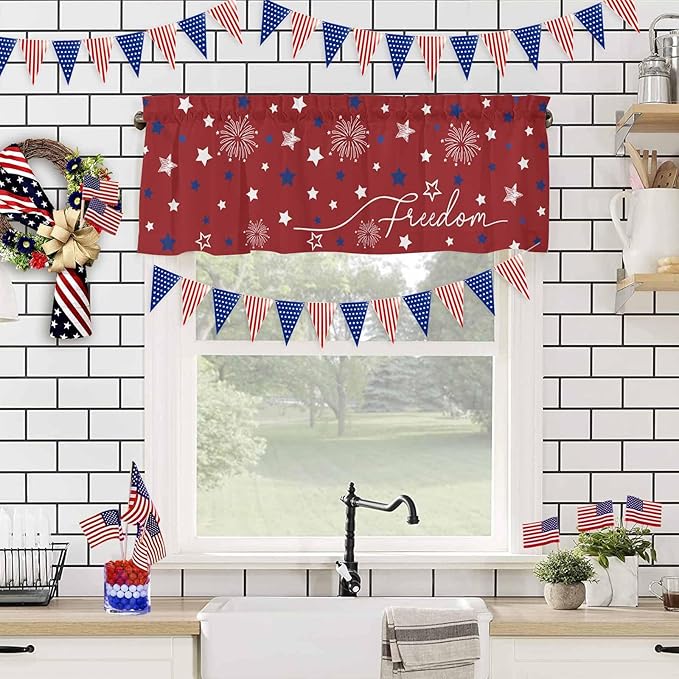 Patriotic 4th of July Kitchen Curtains Valances for Windows Red White Blue Stars Freedom Rod Pocket Window Treatment for Kitchen /Living Room/Bedroom/ Bathroom, 60" X 18", Memorial Day Summer
