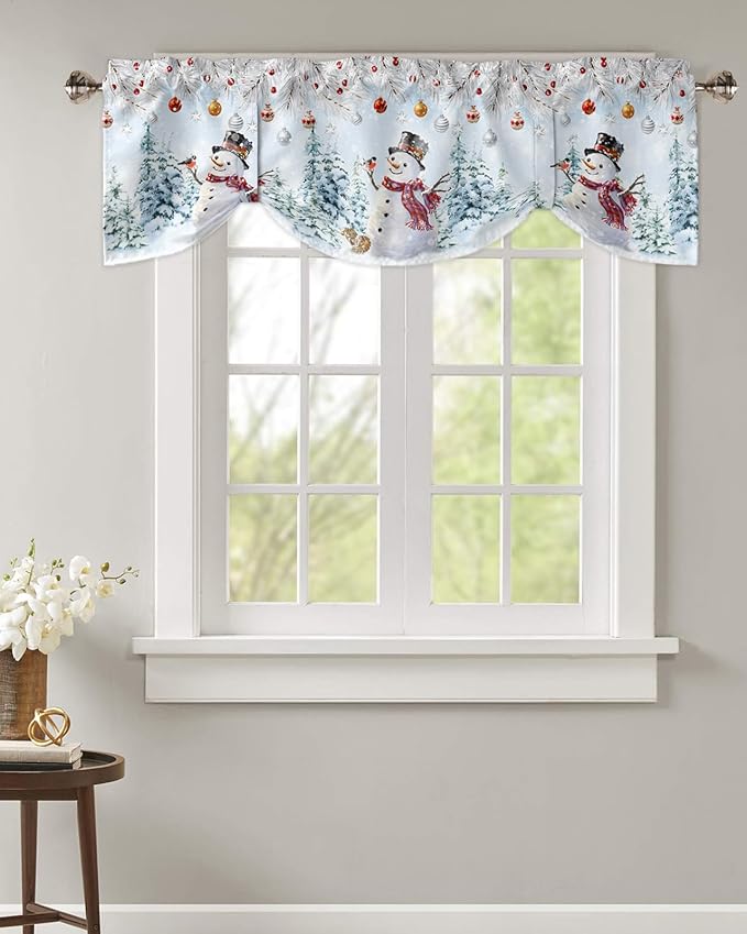 Snowman Blackout Tie Up Valance Curtains for Kitchen Windows Blue Merry Christmas Tree Red Balls Squirrel Window Toppers Balloon Shades for Living Room/Bathroom/Bedroom,1 Panel, 42" X 18", Winter