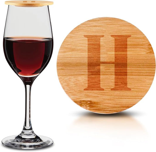 Personalized Wine Glass Charcuterie Topper - Custom Laser Engraved Initial Bamboo Wine Glass Topper Stopper Coasters Plate ID Identification Wine Glass Charcuterie Board Topper (Letter H)
