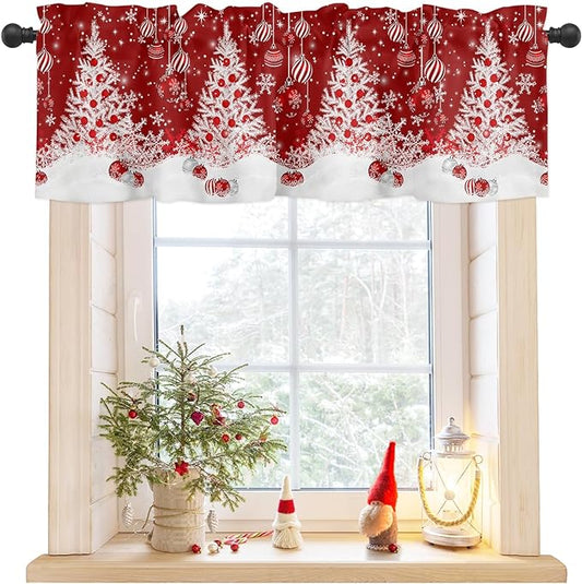 Red Christmas Valance Curtains for Kitchen Windows White Xmas Tree Snowflakes Red Balls Rod Pocket Window Treatment Toppers for Kitchen/Living Room/Bedroom/Bathroom, 60" X 18", Winter
