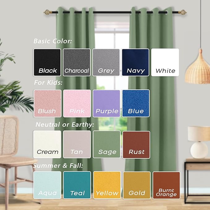 Mrs.Naturall Sage Green Blackout Curtains 84 Inches Long for Bedroom,Room Darkening Light Blocking Thermal Curtains for Living Room 84 Inch Length 2 Panels Set