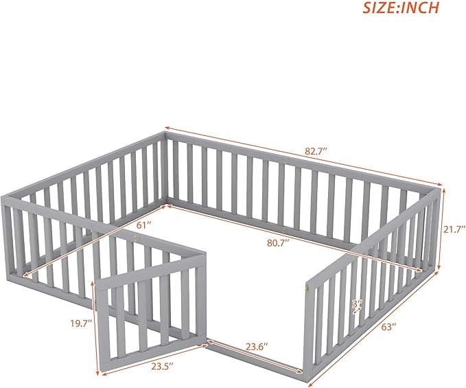Queen Size Floor Bed with Fence, Solid Wood Floor Bed Frame for Kids with Door, Twin Platform Bed for Boys and Girls Kids Teens, Fun Design, for Children Bedroom