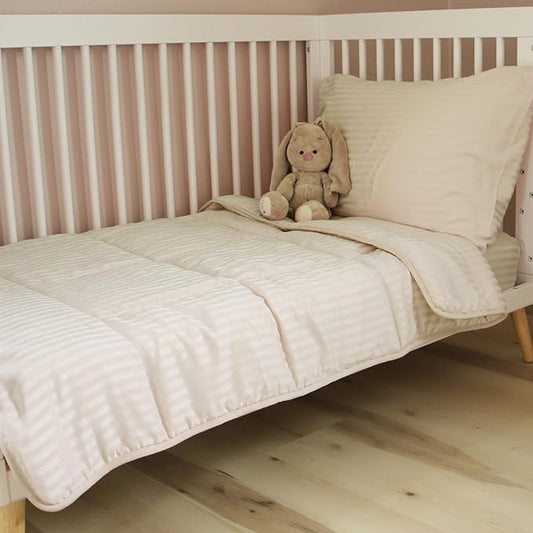Toddler Bedding Set - 4 Piece Soft Crib Bedding Set for Boys and Girls, Includes Toddler Comforter, Flat Sheet, Fitted Sheet and Pillowcase, Cream Stripe
