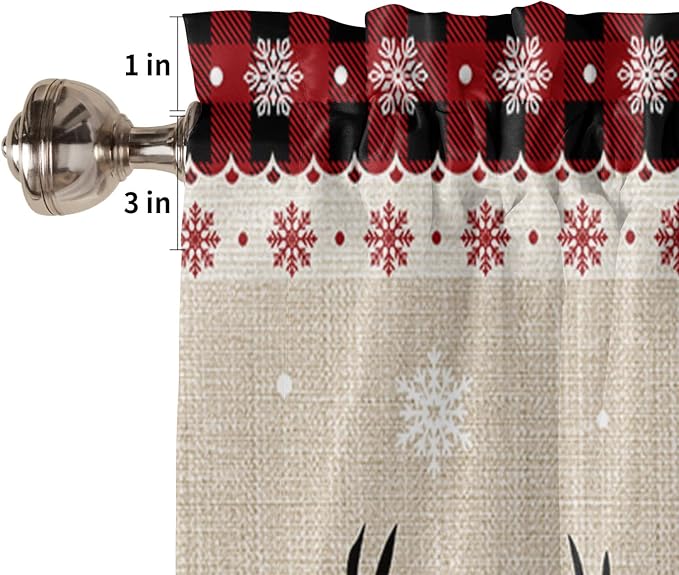 Farmhouse Christmas Valance Kitchen Curtains for Windows, Rustic Plaid Christmas Tree Snowflakes Rod Pocket Window Treatments Red Green Black Short Curtains For Bedroom/ Living Room,54" X 18" -1 Panel