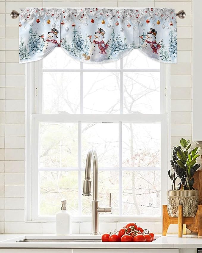 Snowman Blackout Tie Up Valance Curtains for Kitchen Windows Blue Merry Christmas Tree Red Balls Squirrel Window Toppers Balloon Shades for Living Room/Bathroom/Bedroom,1 Panel, 42" X 18", Winter