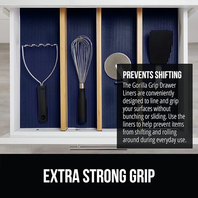 Gorilla Grip powerGRIP Drawer Shelf and Cabinet Liner, Thick Strong Hold, Non-Adhesive Liners Protect Kitchen Cabinets and Cupboard, Bathroom Drawers, Easy Install, Breathable Mat, 12" x20', Navy Blue