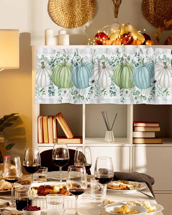 Fall Thanksgiving Kitchen Curtains Valances for Windows Autumn Pumpkins Eucalyptus Leaves Rod Pocket Window Treatment for Kitchen /Living Room/Bedroom/ Bathroom, 60" X 18", White Blue Green Gray Plaid
