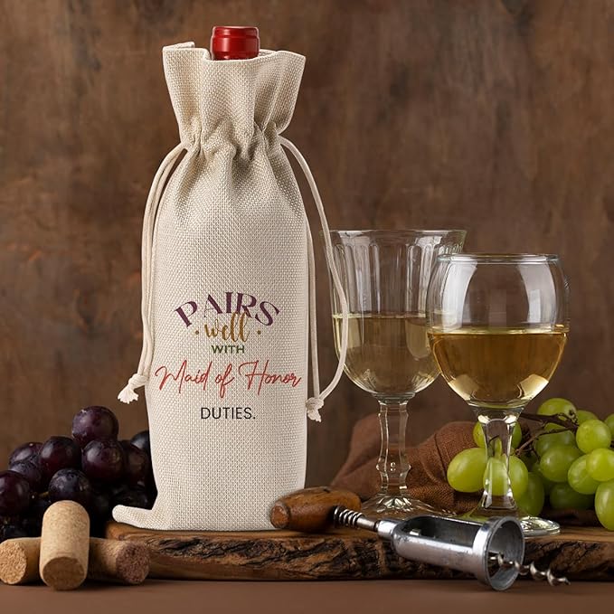 Maid of Honor Bridesmaid Proposal Gifts, Maid of Honor Bridesmaid Wine Bag, Wedding Engagement Gift for Maid of Honor Bridesmaid Wine Bottle Bag, Pairs Well with Maid of Honor Duties Wine Bags