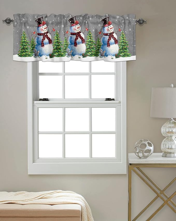 Christmas Snowman Kitchen Curtains Valances for Windows Winter Holidays Cardinal White Snowflake Rod Pocket Window Treatment for Kitchen /Living Room/Bedroom/ Bathroom,60" X 18" -1 Panel, Gray