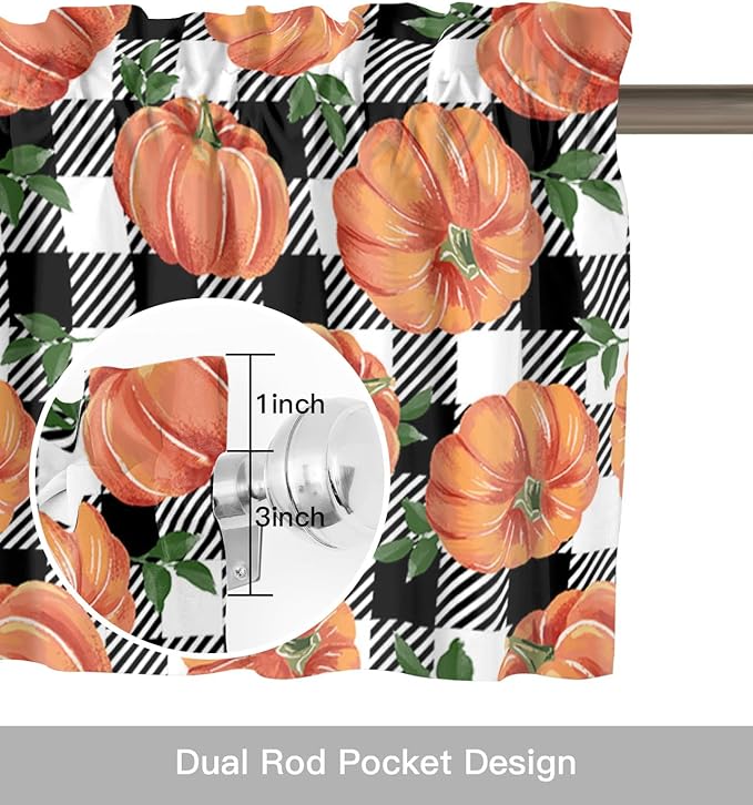 Fall Kitchen Curtains Valances for Windows Thanksgiving Halloween Pumpkins Rod Pocket Window Treatment for Kitchen /Living Room/Bedroom/ Bathroom,54" X 18" , Farmhouse Black White Buffalo Plaid