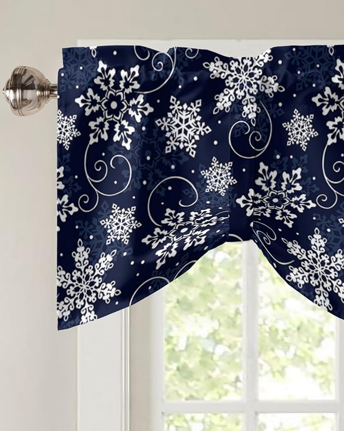 Christmas Blackout Tie Up Valance Curtains for Kitchen Windows White Navy Snowflakes Pattern Window Toppers Balloon Shades for Living Room/Bathroom/Bedroom,1 Panel, 42" X 12", Winter