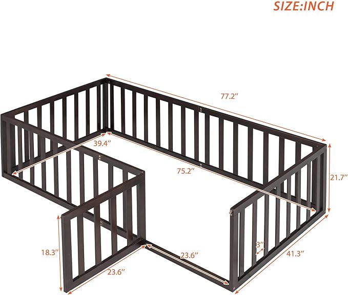 Twin Size Floor Bed with Fence, Solid Wood Floor Bed Frame for Kids with Door, Twin Platform Bed for Boys and Girls Kids Teens, Fun Design Multifunctional Floor Bed, for Children Bedroom