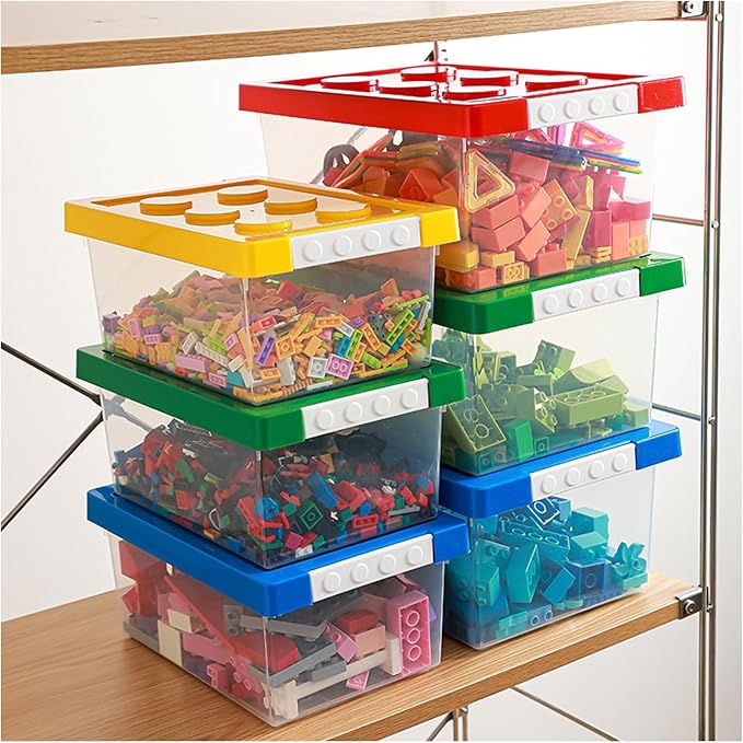 loobuu Plastic Storage Bins with Lids - Stackable Toy Storage Organizer Box Set of 4, Kids Toy Chests Container with Compatible Building Baseplate and Lid for Building Bricks - Yellow+Red+Blue+Green