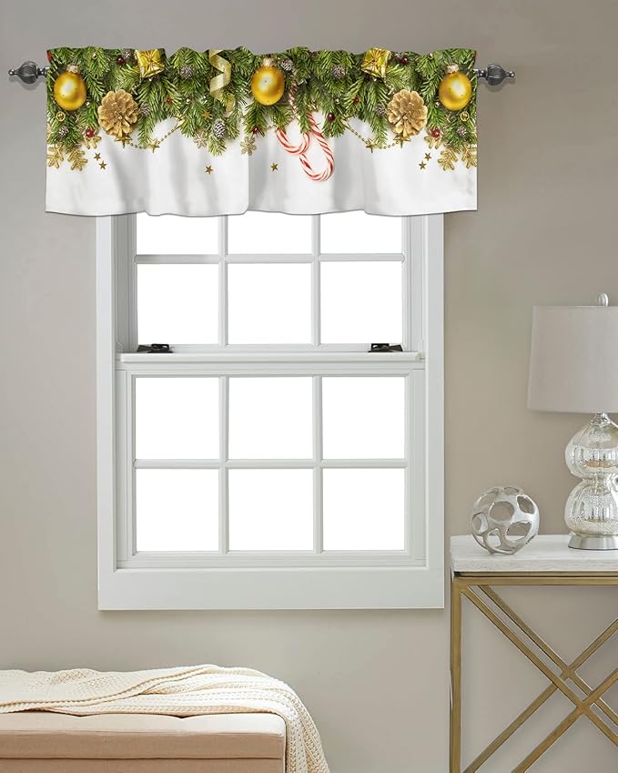 Christmas Kitchen Curtains Valances for Windows Pine Cones Rod Pocket Window Treatment for Kitchen/Living Room/Bedroom/Bathroom,60" X 18" -1 Panel, Golden Ornament Balls