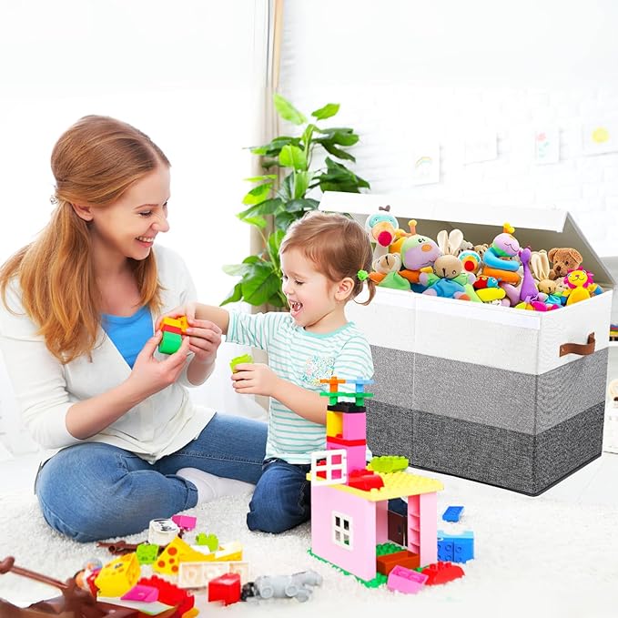 Large Toy Box Chest with Divider, Sturdy Toy Storage Organizer Bin Baskets with Lid for Kids, Boys, Girls, Nursery, Living Room, Bedroom, Playroom, Closet, 25"x13" x16"(Gradient Grey)
