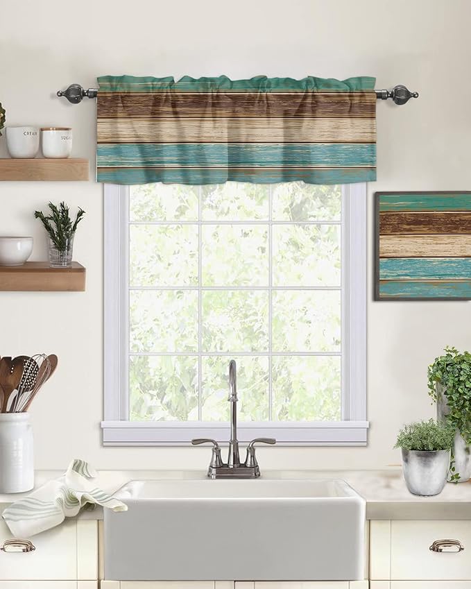 Farmhouse Kitchen Curtains Valances for Windows Teal Turquoise Green Brown Country Rod Pocket Window Treatment for Kitchen /Living Room/Bedroom/ Bathroom,42" X 18" -1 Panel, Retro Rustic Barn Wood