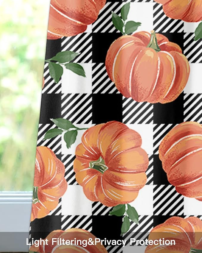 Fall Kitchen Curtains Valances for Windows Thanksgiving Halloween Pumpkins Rod Pocket Window Treatment for Kitchen /Living Room/Bedroom/ Bathroom,54" X 18" , Farmhouse Black White Buffalo Plaid