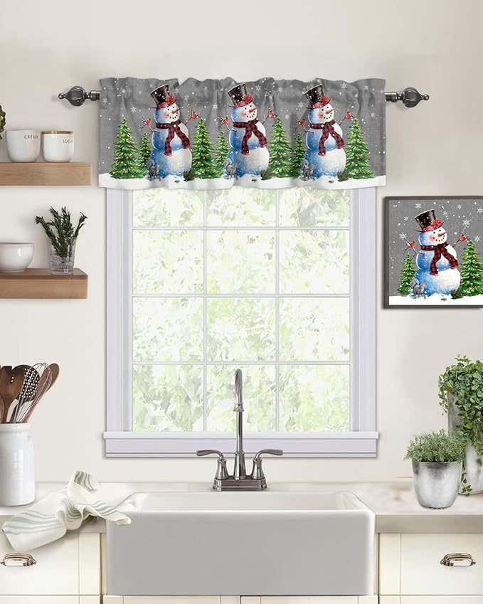Christmas Snowman Kitchen Curtains Valances for Windows Winter Holidays Cardinal White Snowflake Rod Pocket Window Treatment for Kitchen /Living Room/Bedroom/ Bathroom,60" X 18" -1 Panel, Gray