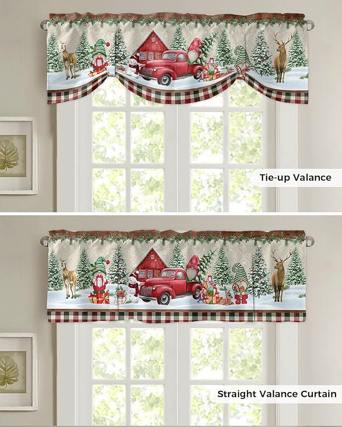 Christmas Farmhouse Blackout Tie Up Valance Curtains for Kitchen Windows Red Truck Gnomes Window Toppers Balloon Shades for Living Room/Bathroom/Bedroom,1 Panel,60" X 18" Winter Holiday Snowman