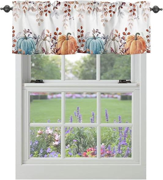 Fall Thanksgiving Kitchen Curtains Valances for Windows Watercolor Autumn Pumpkins Eucalyptus Leaves Rod Pocket Window Treatment for Kitchen /Living Room/Bedroom/ Bathroom,42" X 18", Blue Orange