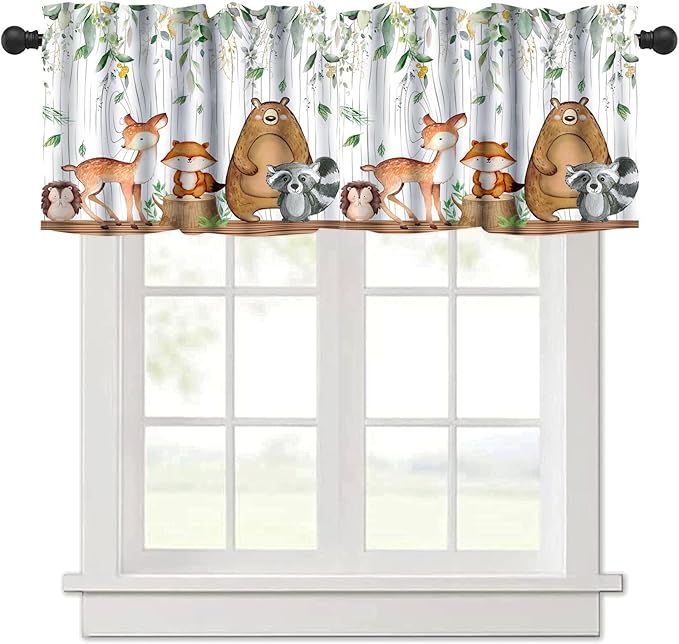 Woodland Animals Kitchen Curtain Valances, Watercolor Forest Animals Valances Set, Bear Deer Fox Wolf Set Hunting Kitchen Curtains Set for Kitchen Cafe Living Room Bedroom Decor 54x18 Inch, 1 Panel