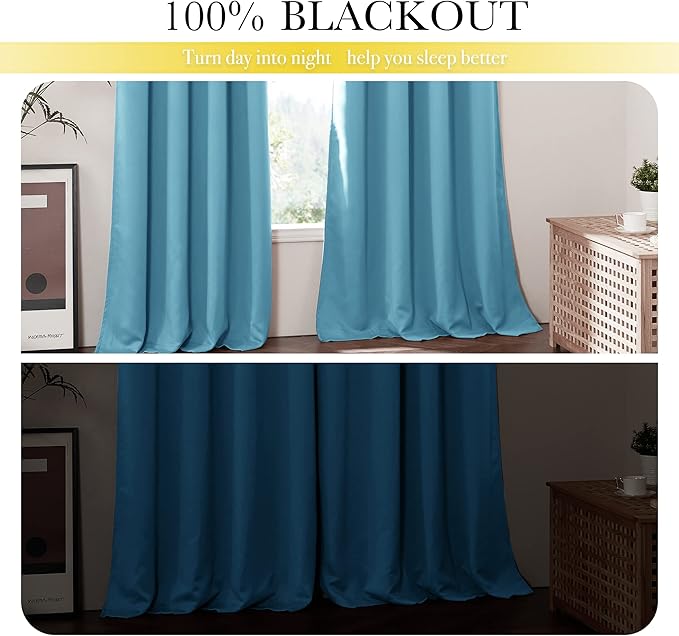 NICETOWN 100% Blackout Curtains 84 inches Long, Pair of Energy Smart & Noise Blocking Out Drapes for Baby Room Window, Thermal Insulated Guest Room Lined Window Dressing(Teal Blue, W42 x L84)