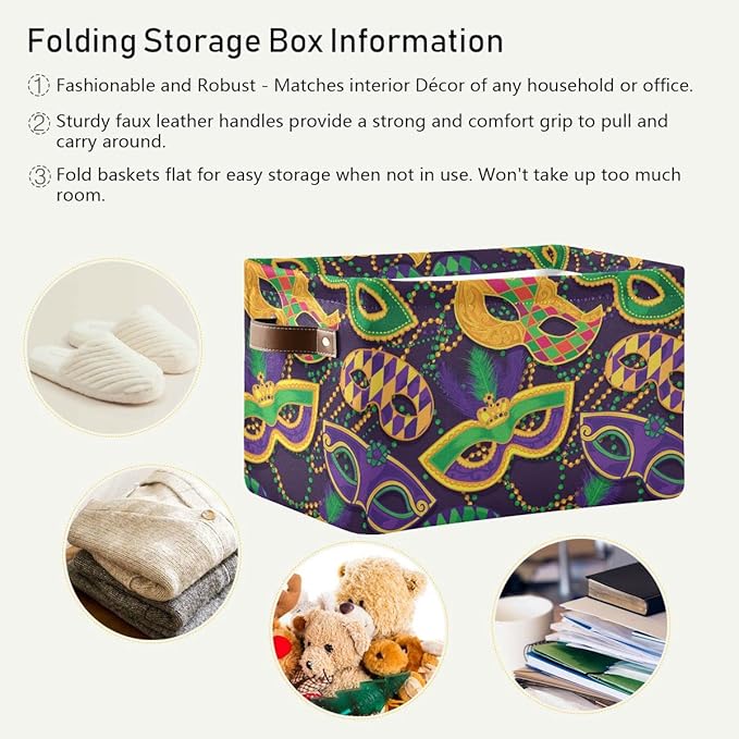 Mardi Gras Accessories Mask Beads Confetti Feather Storage Basket Fabric Laundry Baskets Fleur de Lis Purple Gold Green Storage Boxes Organizer Bag Cloth Toy Book Storage Cubes Shelf Bins 16×12×8