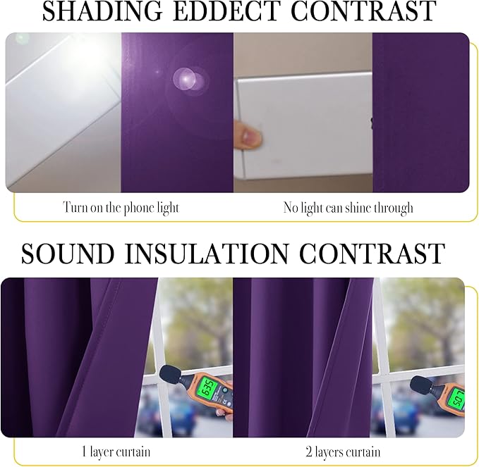 NICETOWN Room Warming 100% Blackout Curtain Panels, Same Color Liner Curtains for Kitchen Room, Noise Reducing and Cold Blocking Drapes for Windows (Set of 2, Royal Purple, 42" Wide by 63" Long)